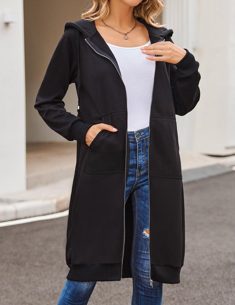 ELESOL Women's Long Tunic Hoodie Fleece Zip up Sweatshirt Casual Long Jacket with Pocket Black M - Image 3